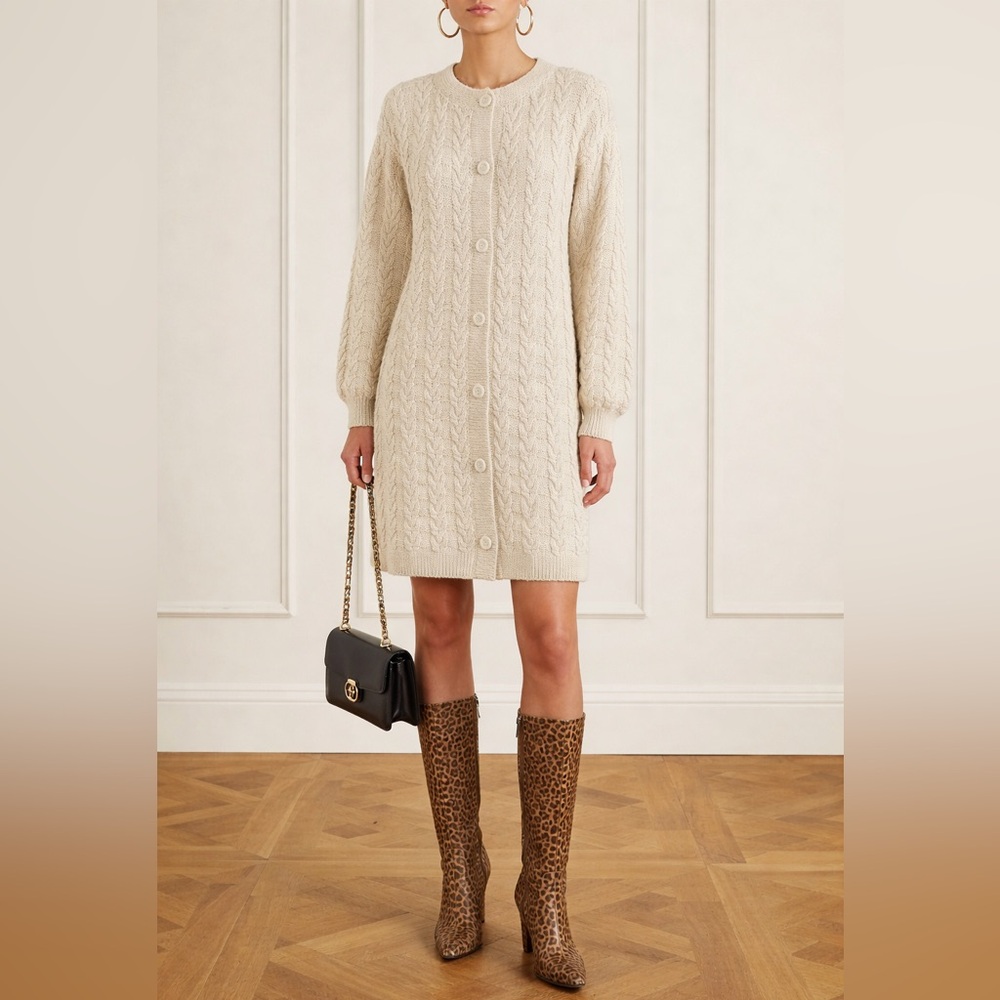 Minkha 100% Alpaca Cable Knit Button Duster Cardigan Sweater Dress Ivory Sz S